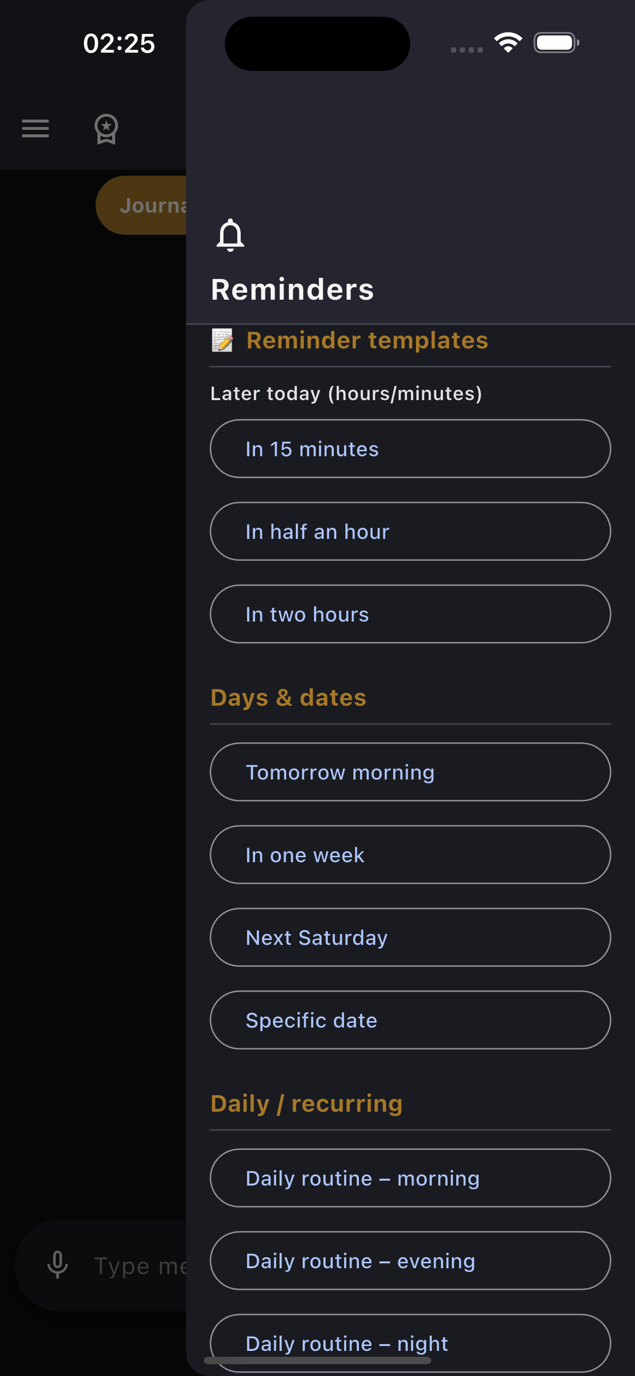 Reminders drawer
