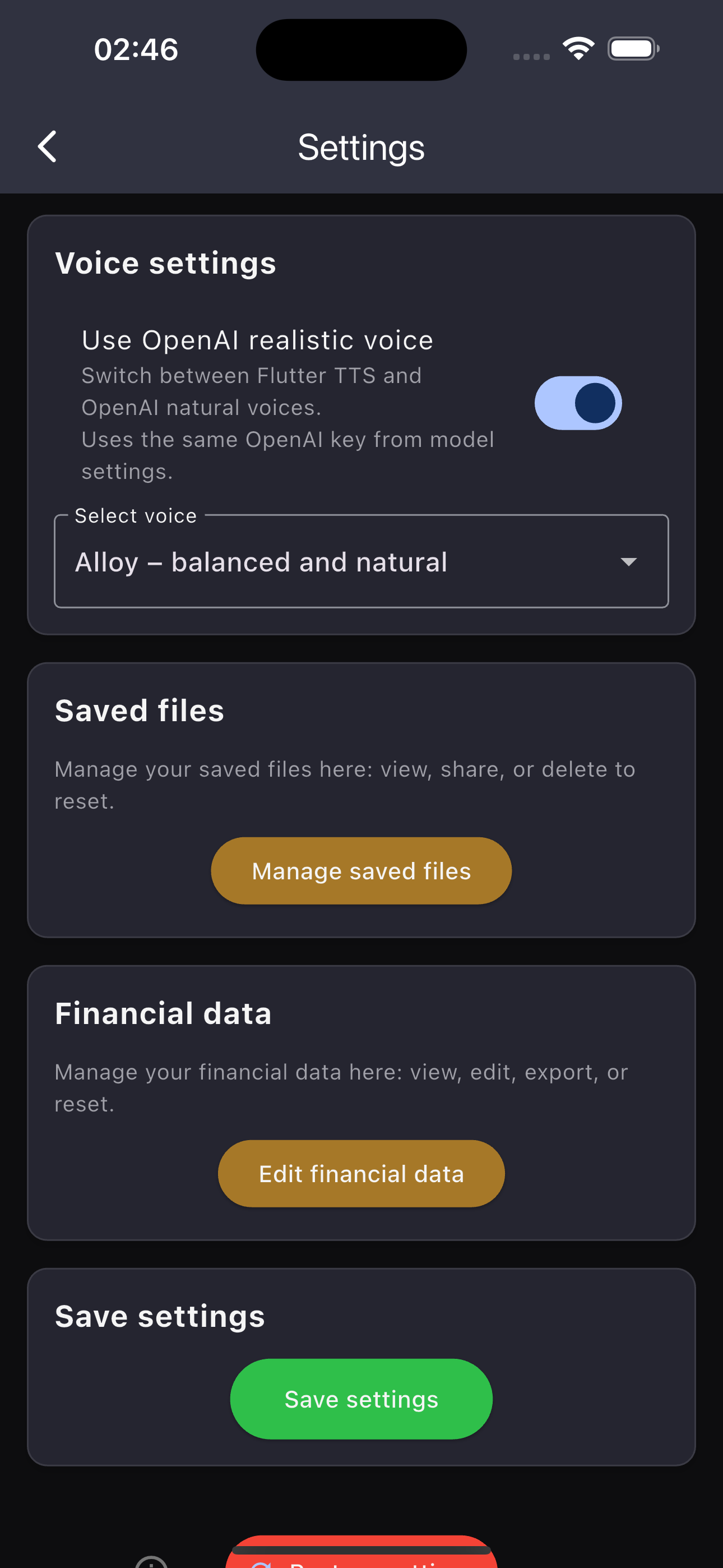 Settings screen